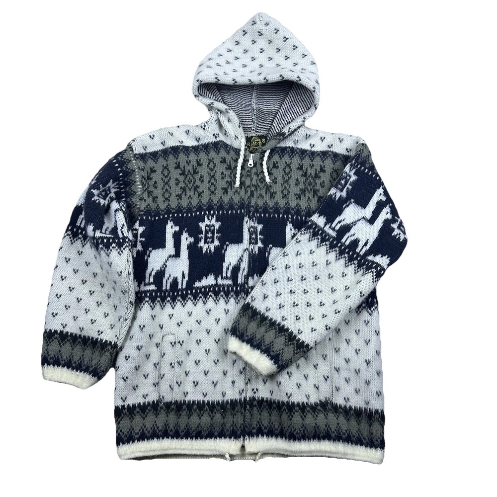 Vintage RS Llama Sweater Hoodie Unisex Small White Black Gray Knit Full Zip Boho